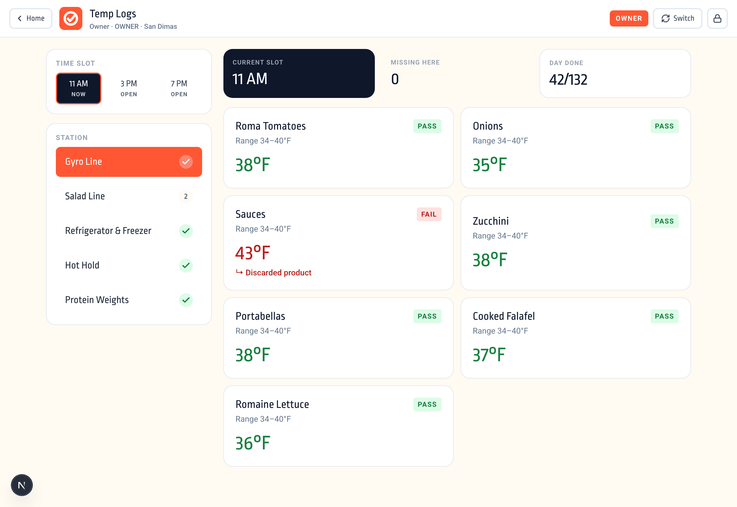Temperature logs — station queue with pass/fail readings and a required corrective action